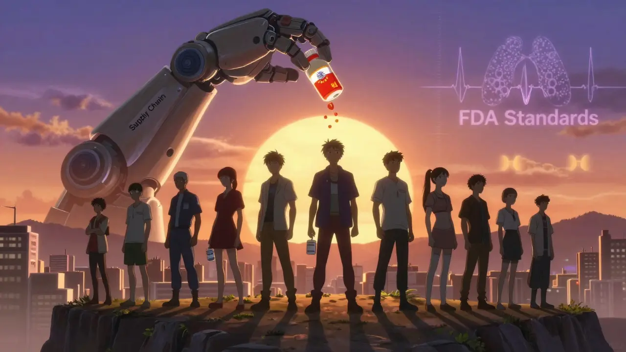 Diverse patients stand united on a cliff as drug ingredients flow into an FDA pot, with heartbeats and graphs glowing in the sunrise sky.