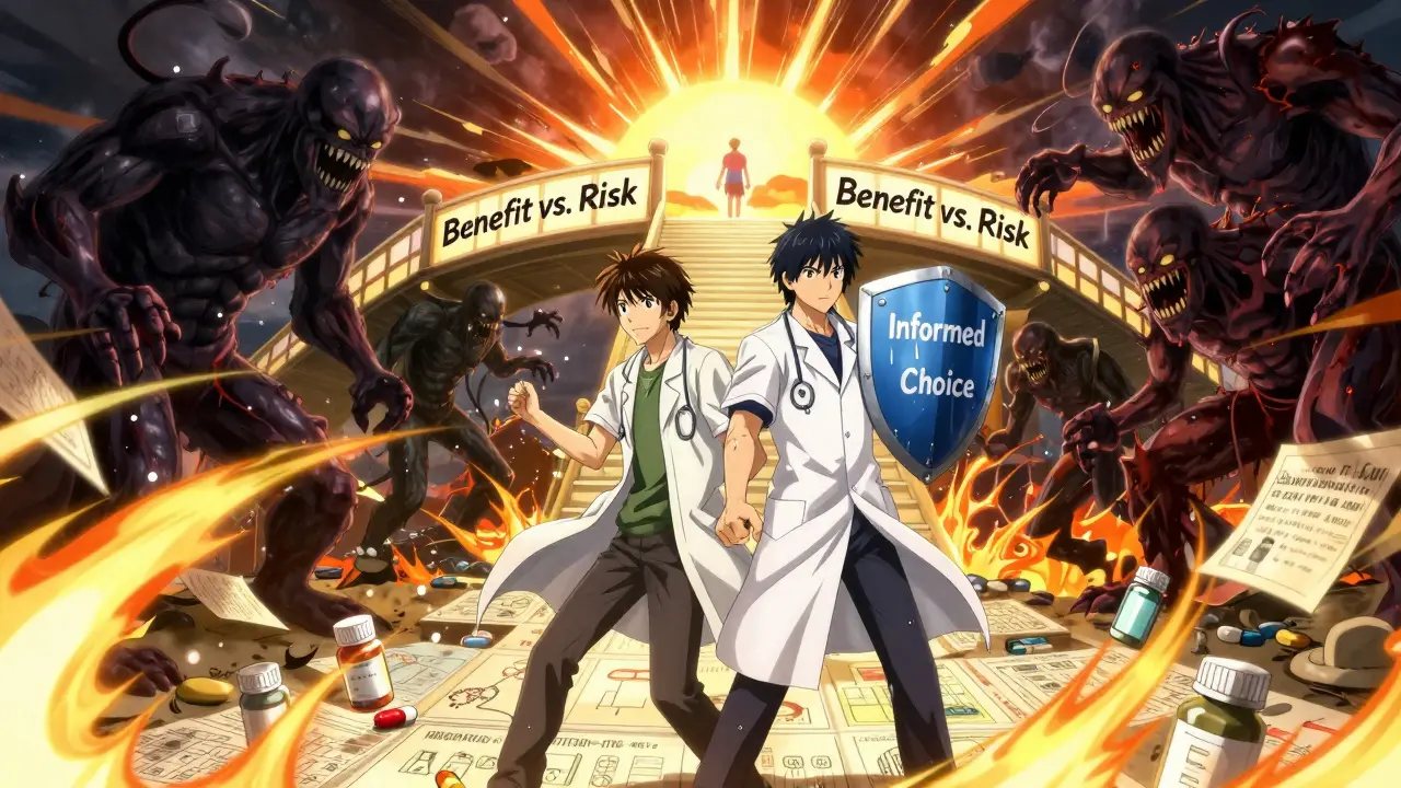 Doctor and patient stand united against fear and misinformation, shielded by informed choice.