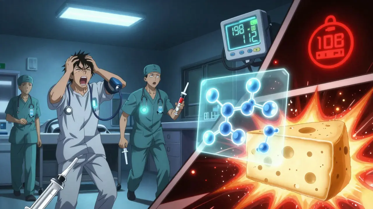 Emergency room scene with patient clutching head as blood pressure monitor shows critical reading.