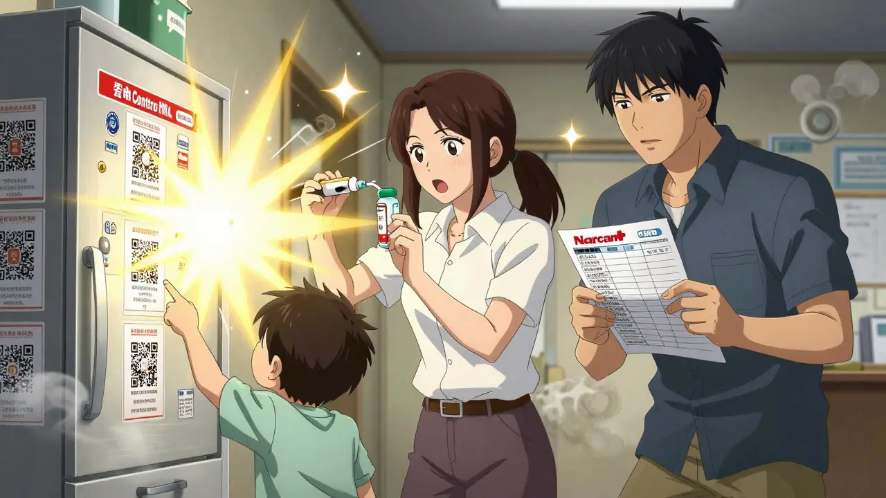 Family practicing emergency response with naloxone and medication list, QR codes on wall.