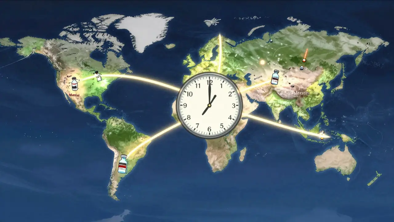 Global map with climate zones and ticking clock showing drug stability over 36 months.