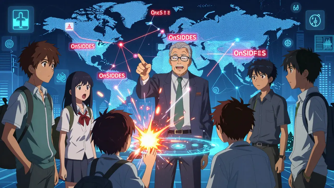 Group of teens studying a glowing hologram of drug-side effect connections with a mentor pointing at warnings.