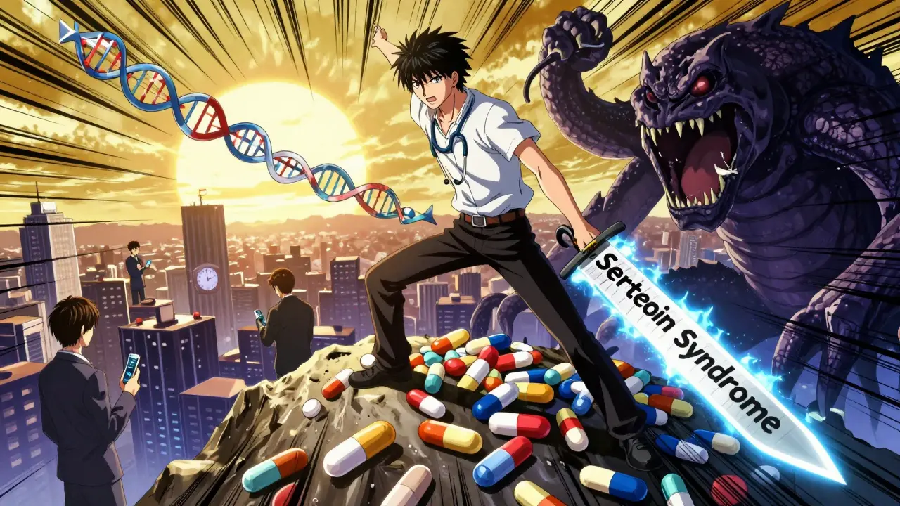 Heroic figure defeating a monster representing dangerous drug interaction with a checklist blade.