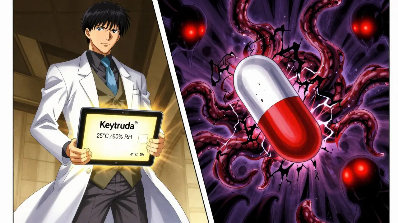 Heroic scientist beside a glowing stable pill versus a monstrous degraded pill in battle scene.