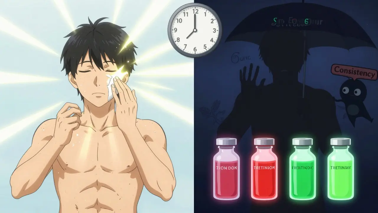 Heroic skincare routine with sunscreen as shield and topical treatments as potions, clock counting weeks, anime style.