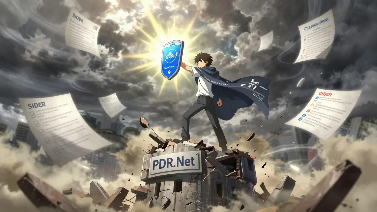 Patient standing on collapsing PDR tower, holding up MedlinePlus app as light pushes back misleading ads.