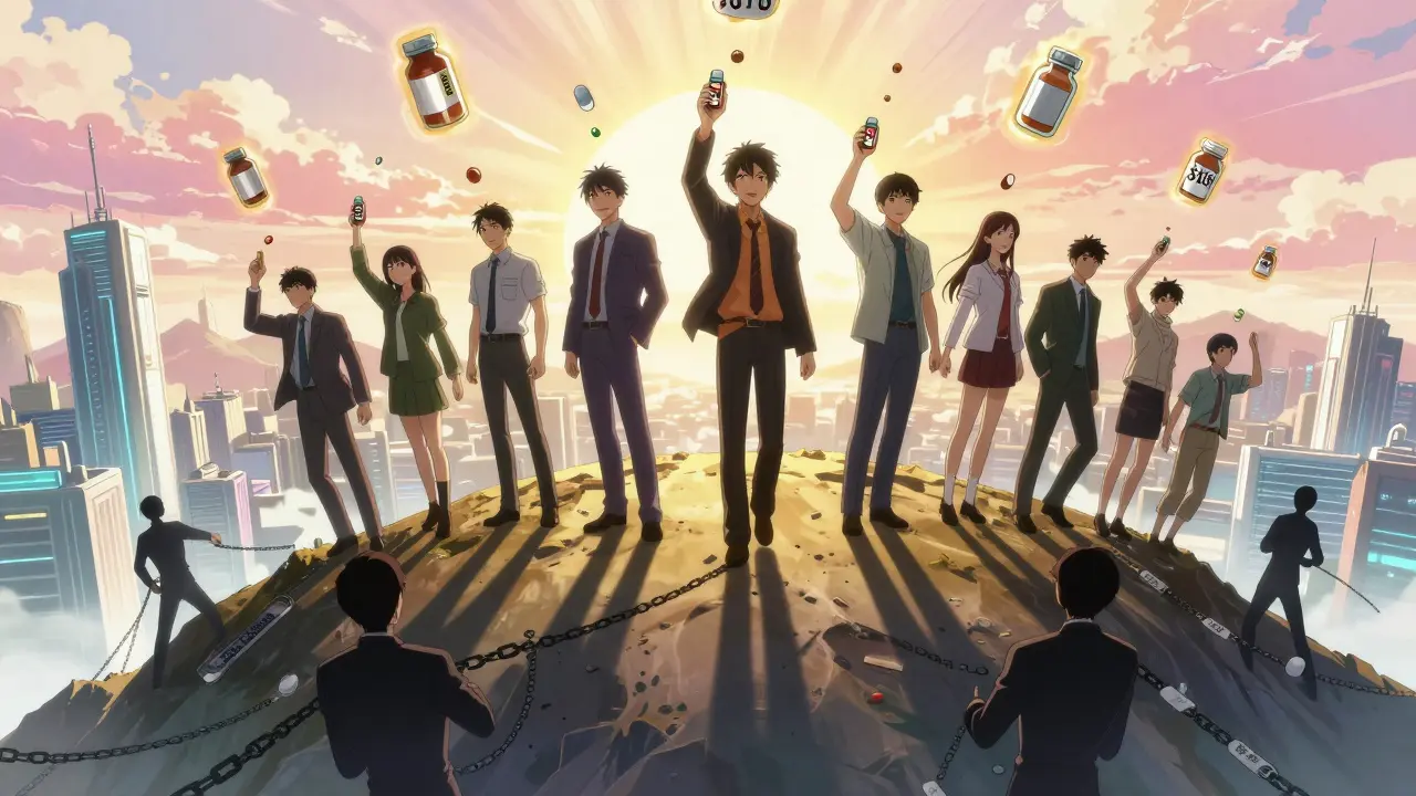 Patients soaring upward with medication bottles as price tags fall, escaping corporate chains below under a rising sun.