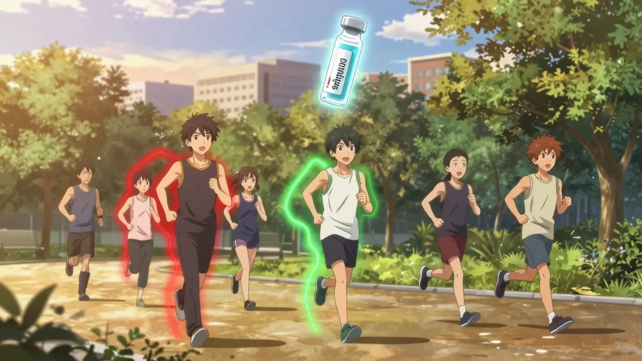 People jogging in a park with animated progress auras and a glowing semaglutide vial in the sky.