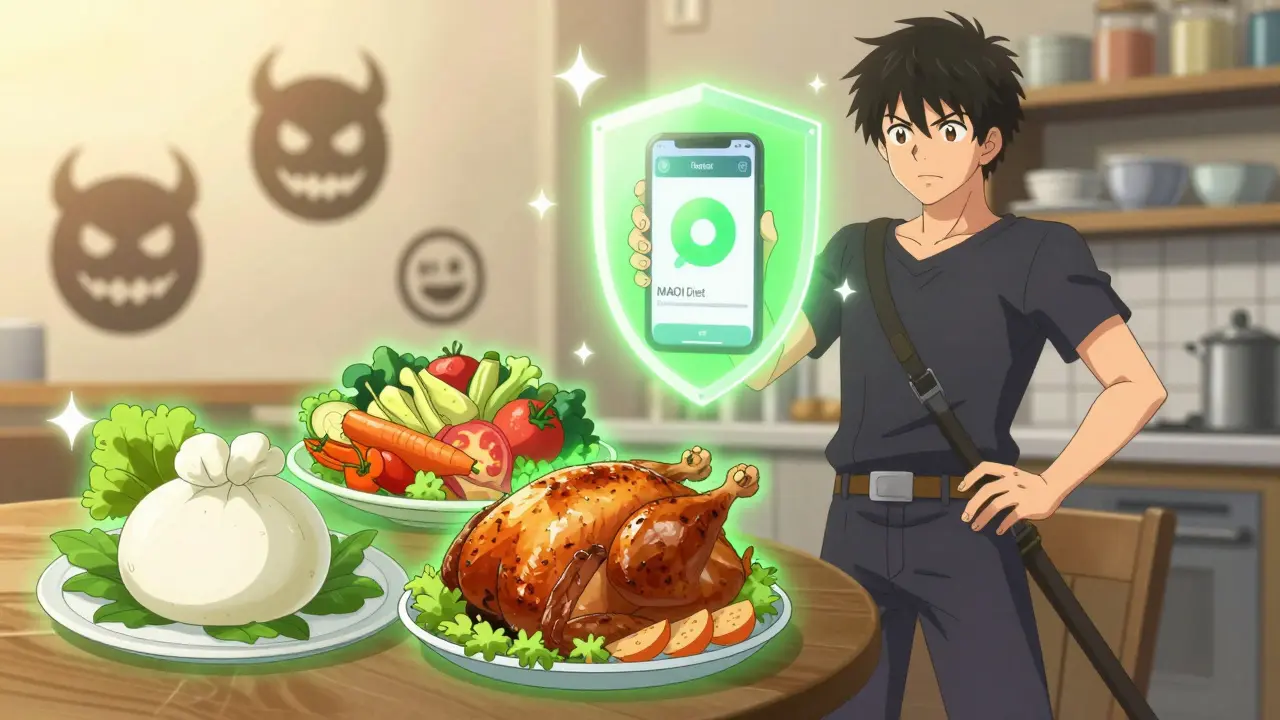 Person holding fresh food with green protective aura, using a diet tracker app in a bright kitchen.