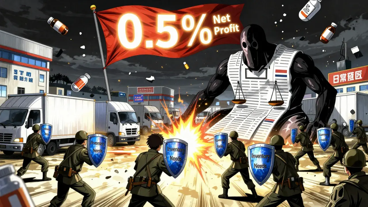 Pharmacies battle a monstrous distribution entity made of trucks and ledgers, with drug bottles raining down.