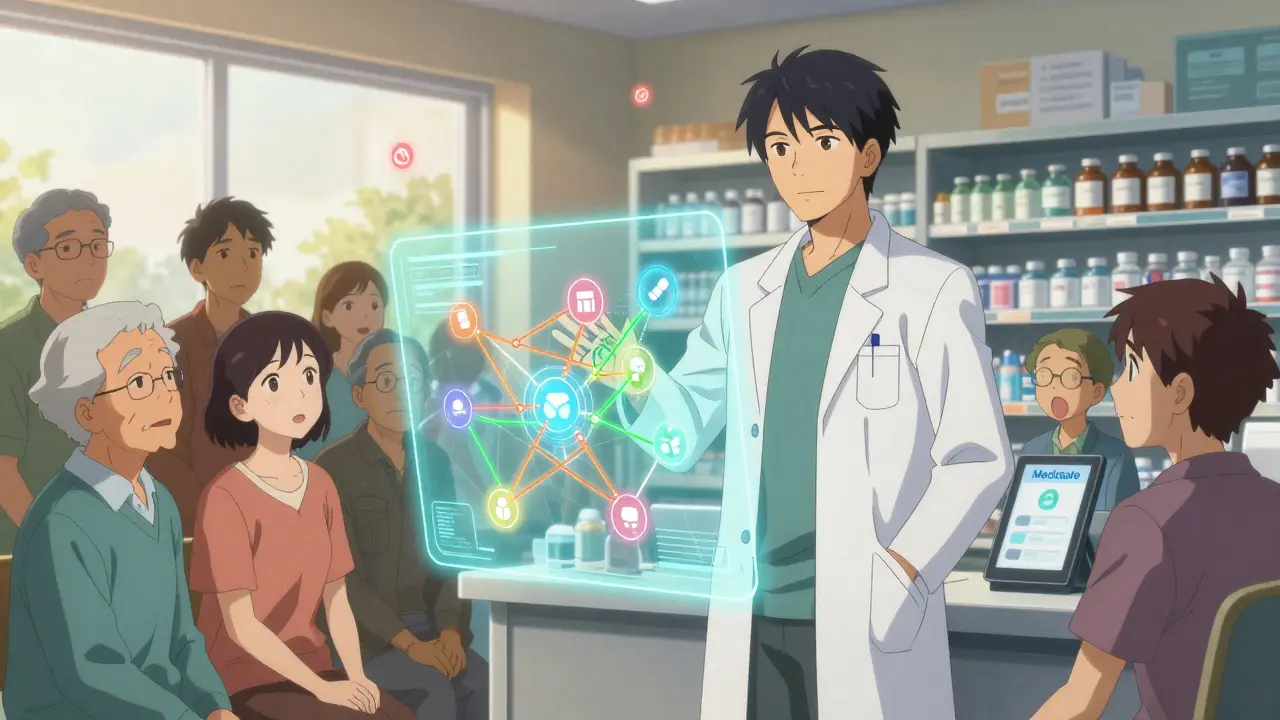 Pharmacist explaining drug interactions using a glowing holographic display with patients listening.