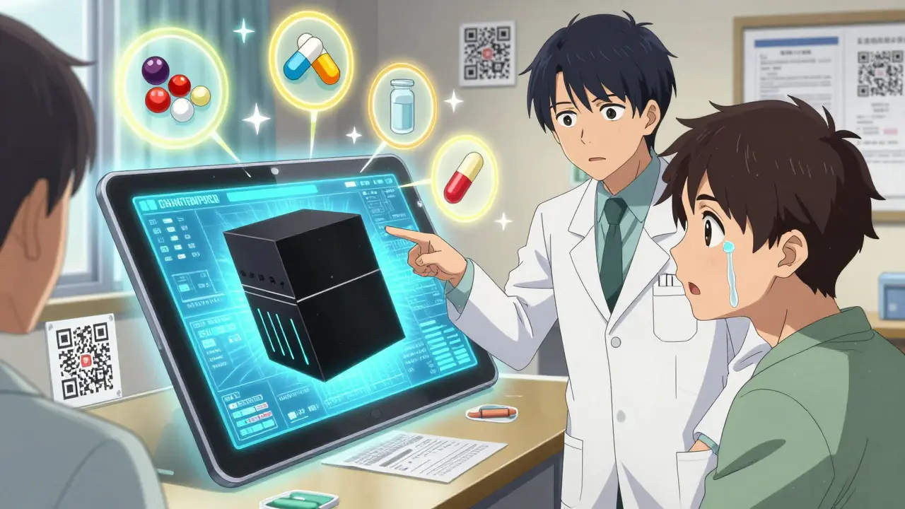 Pharmacist explains a real-time updating black box warning on a digital tablet to a patient.