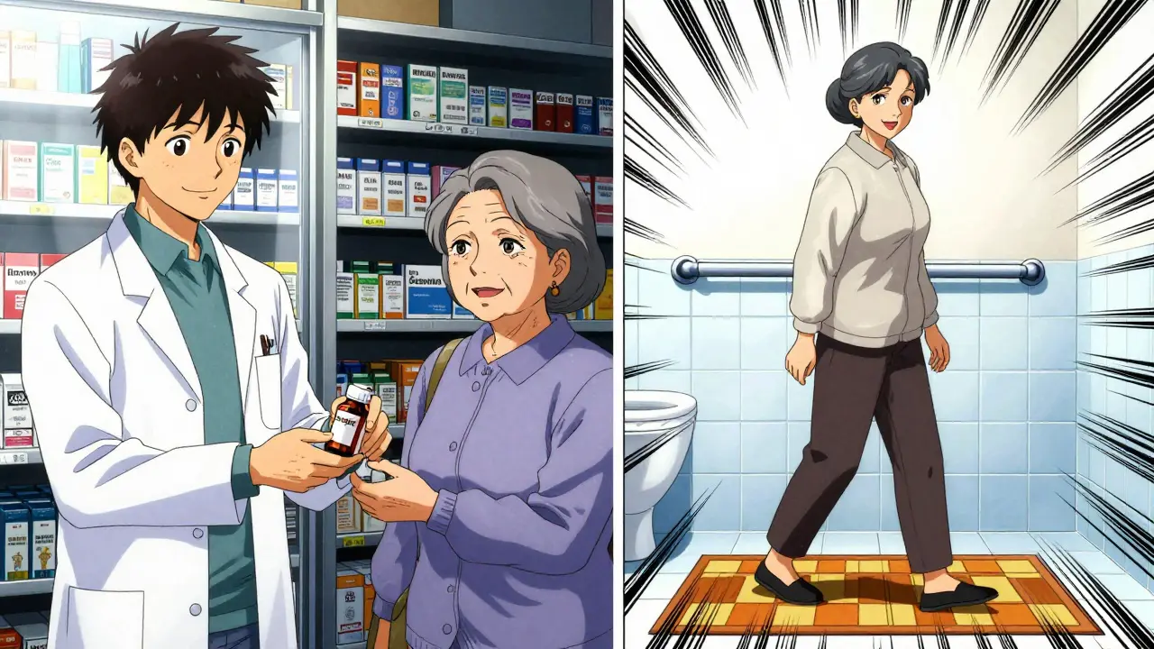 Pharmacist giving safe antihistamine to senior, contrasting dangerous and safe home environments in split scene.