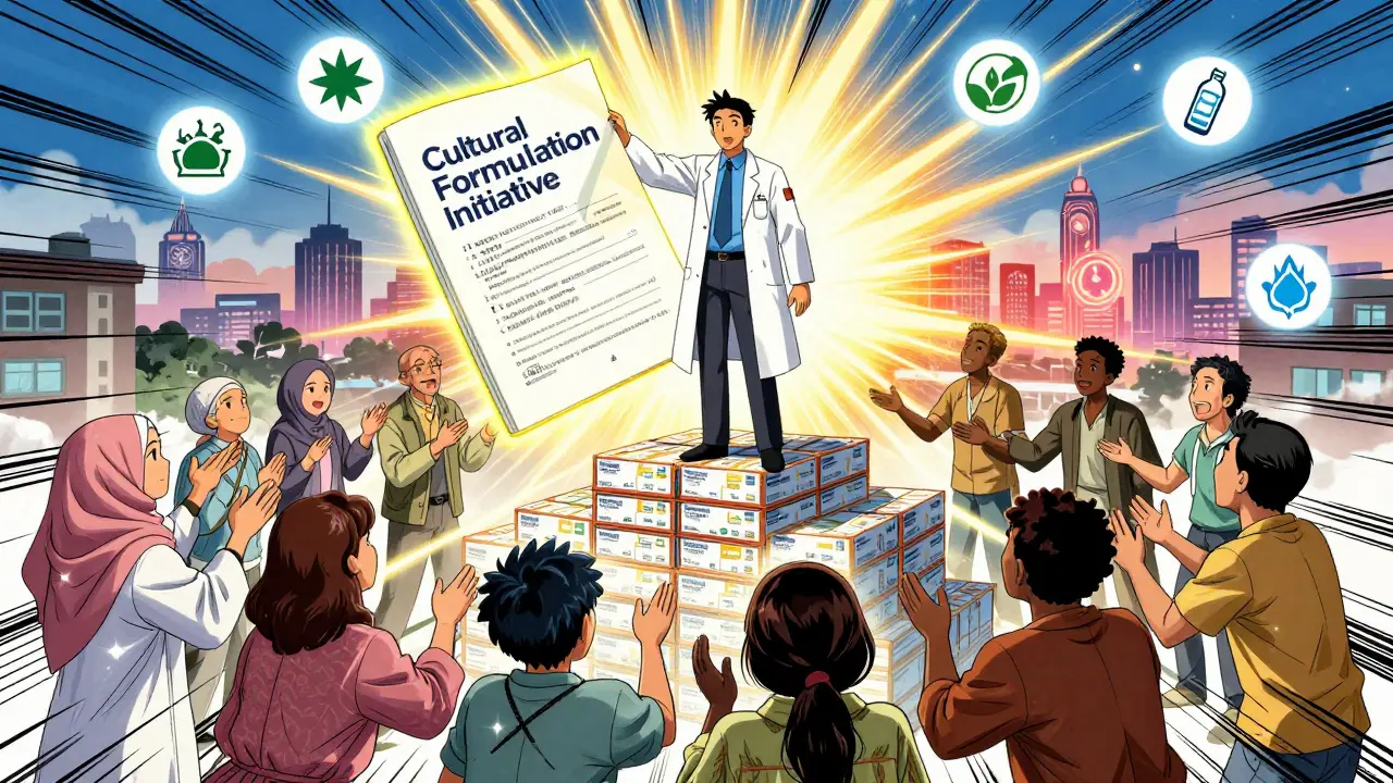 Pharmacist holding a glowing cultural compatibility guide as diverse patients reach out hopefully beneath a rising sun.