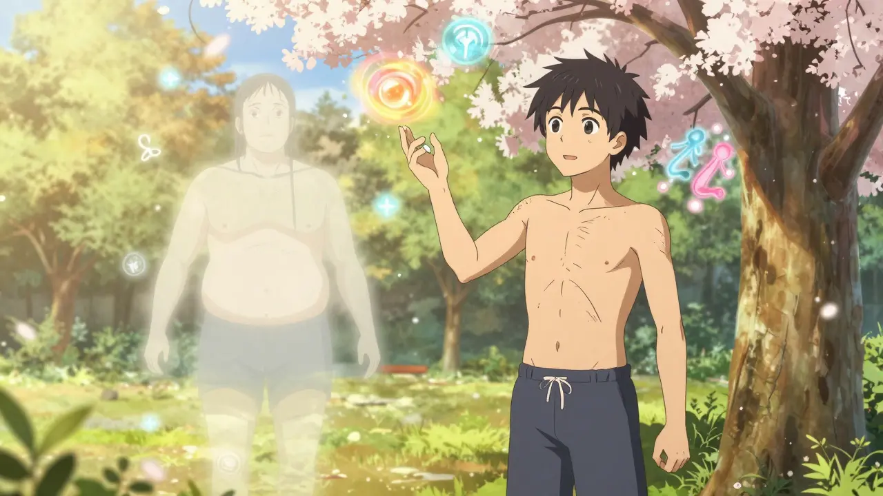 Recovered patient standing in sunlight as their past illness fades into mist behind them.