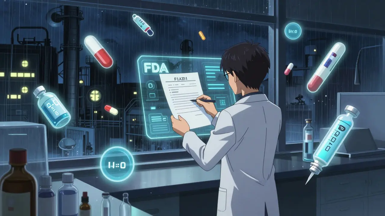 Scientist submitting pediatric study to FDA hologram, floating drug forms with timers glowing in a nighttime lab.