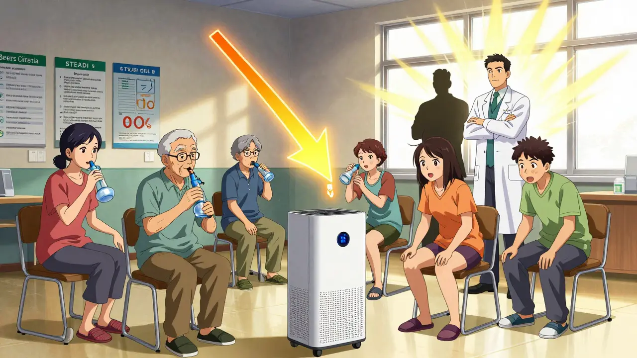 Seniors practicing safe alternatives to sedating meds, glowing risk-reduction chart above them, pharmacist and doctor as mentors.