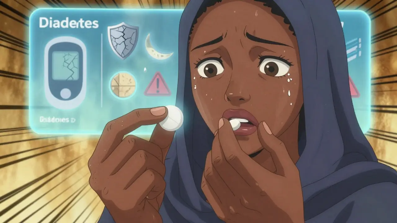 Somali woman holding two diabetes pills—one familiar round, one new oval—with cultural symbols floating around the unfamiliar one.