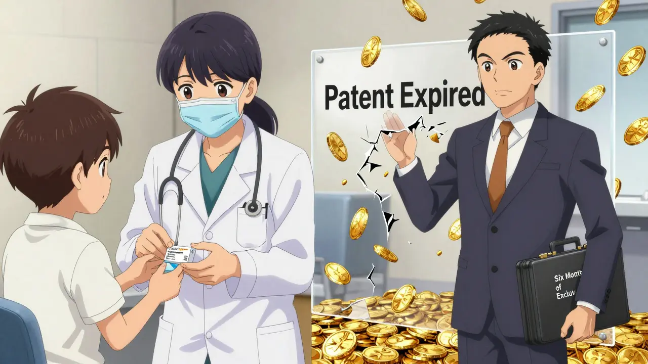 Split scene: child safely medicated on one side, executive with exclusivity briefcase and crumbling patent barrier on the other.