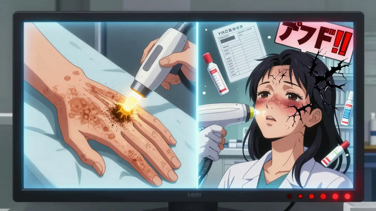 Split-screen showing IPL treating sun spots vs laser worsening melasma, medical creams floating, anime style.