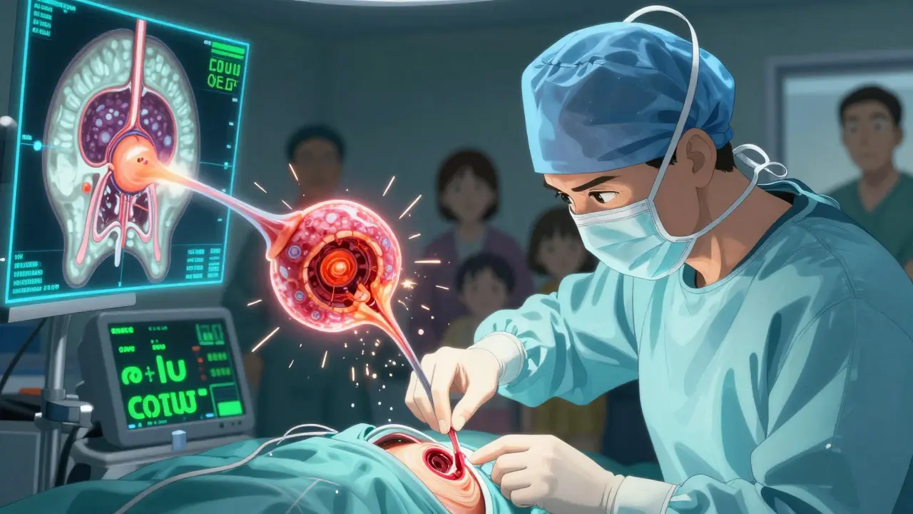 Surgeon removing a glowing pituitary tumor through the nose during high-tech surgery.