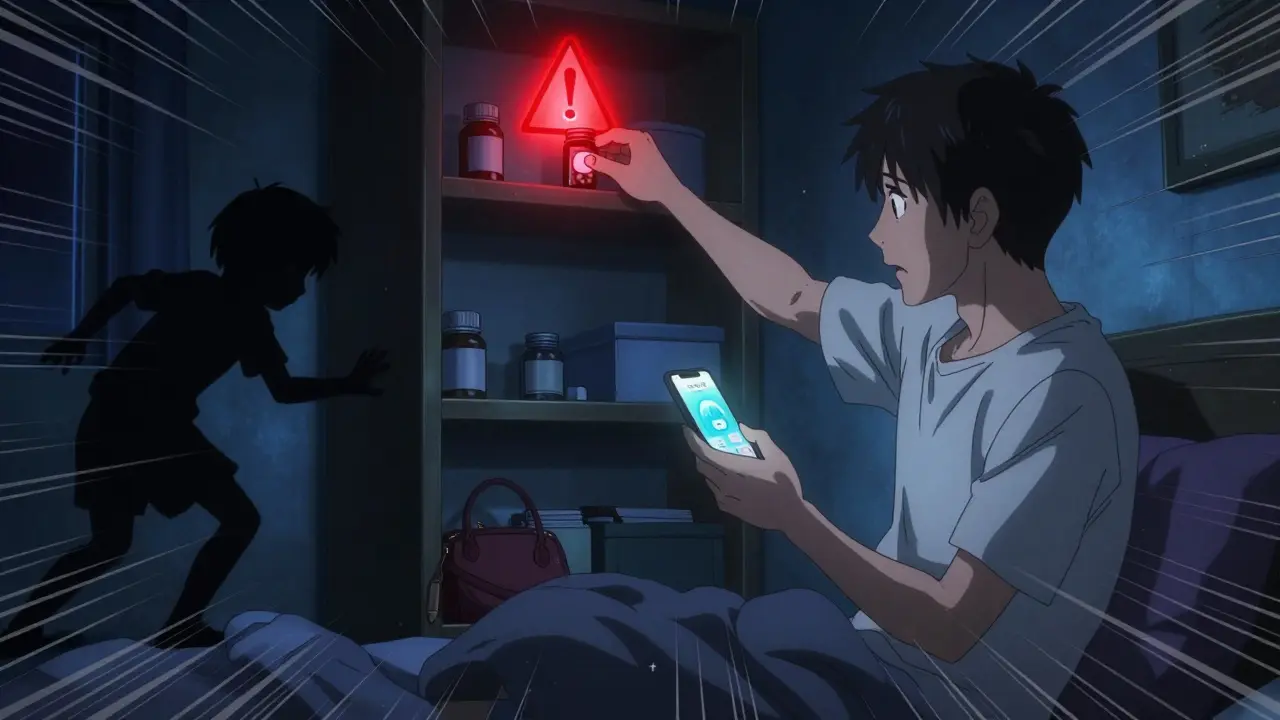 Teen setting medication alert as grandfather reaches for pills, warning symbol glowing nearby.