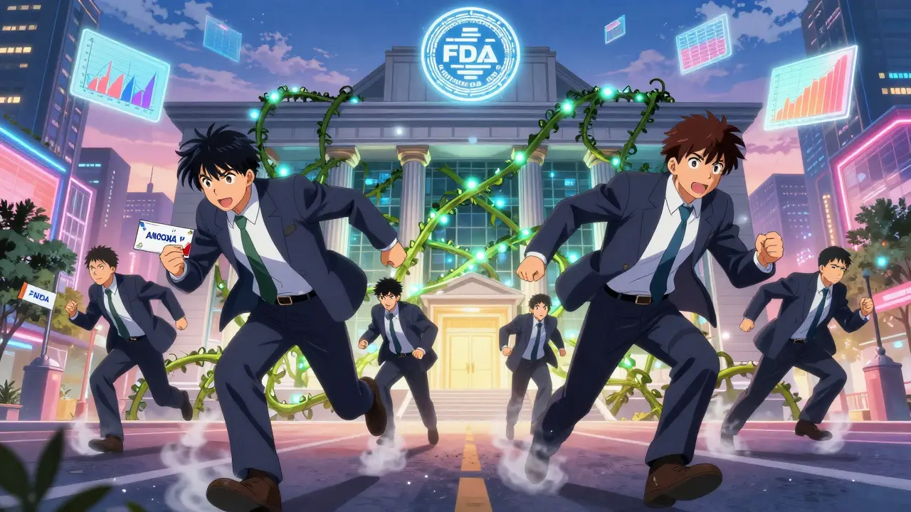 Two teams race through a neon city to submit a Paragraph IV ANDA while tangled patent vines try to stop them.