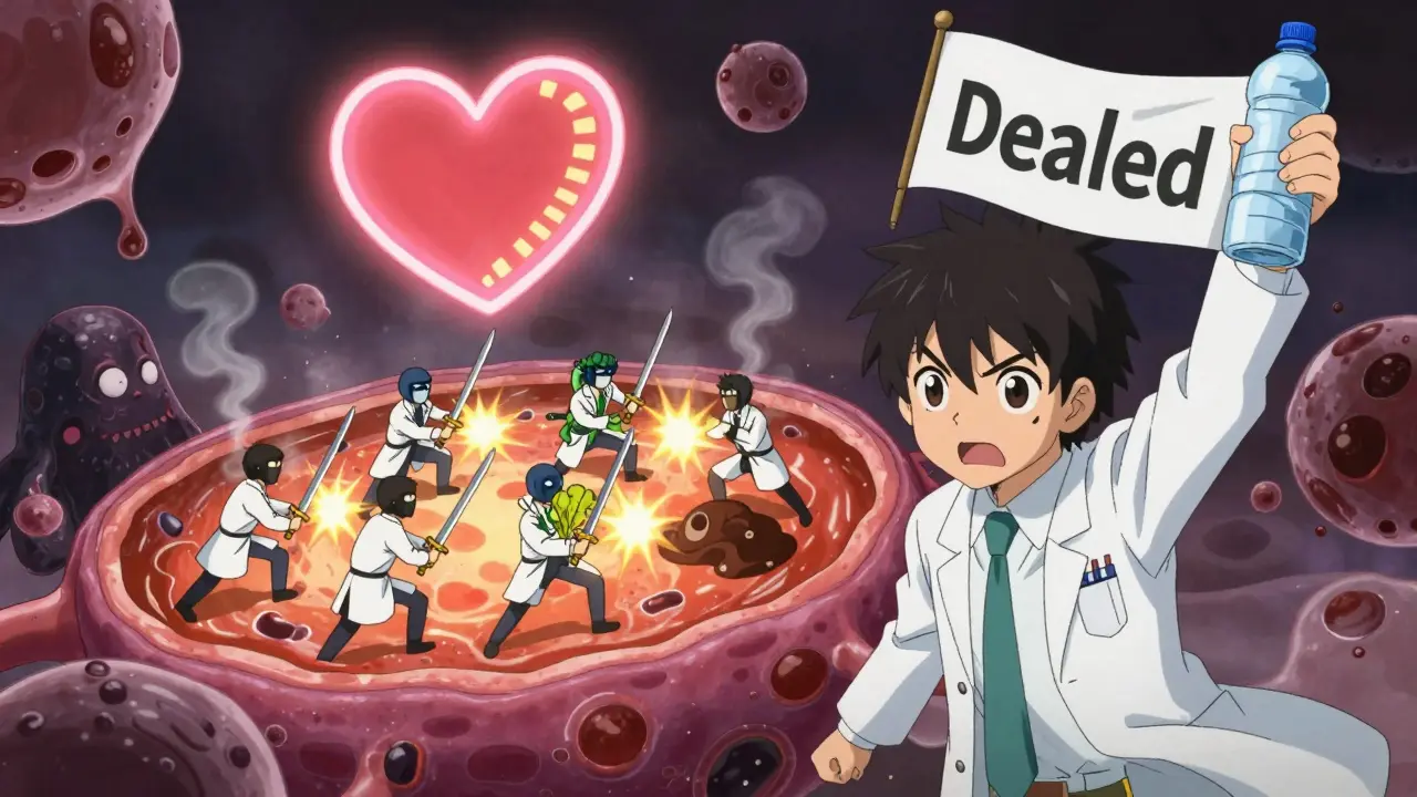 Warriors in a liver cell fighting fat blobs with vegetables and coffee steam as weapons.