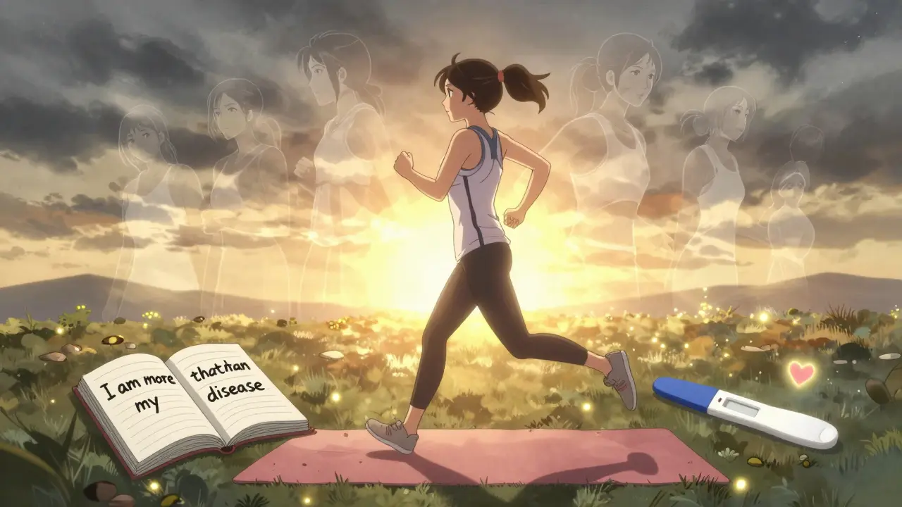 Woman jogging at sunrise in protective clothing, shadow casting a halo, symbols of health and hope around her.