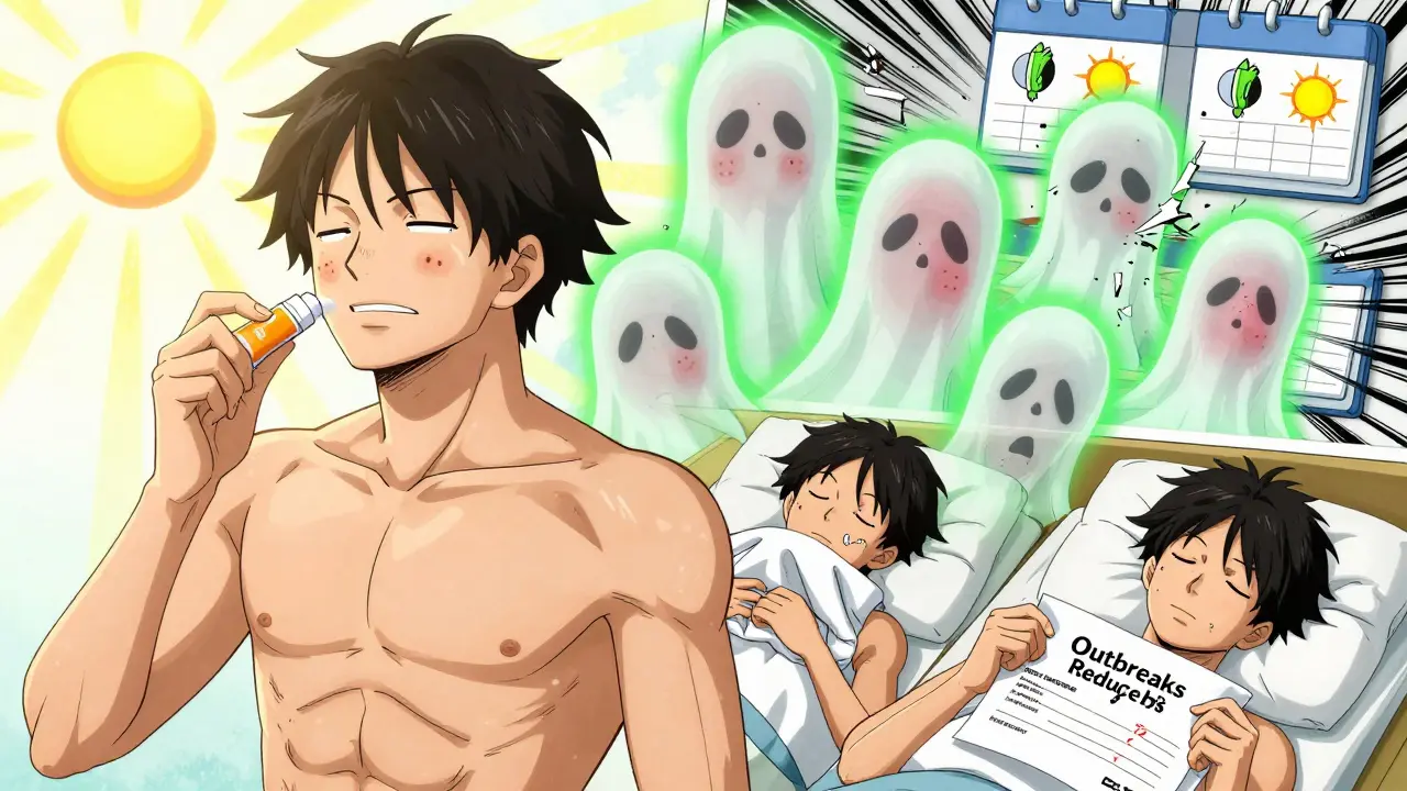 A character prevents cold sores with sunscreen and healthy habits, fading away past outbreaks in a glowing health aura.