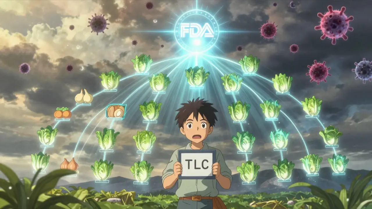 A farmer holds a tablet displaying a TLC code as a holographic food lineage rises behind them, stopping a dark infection with light.