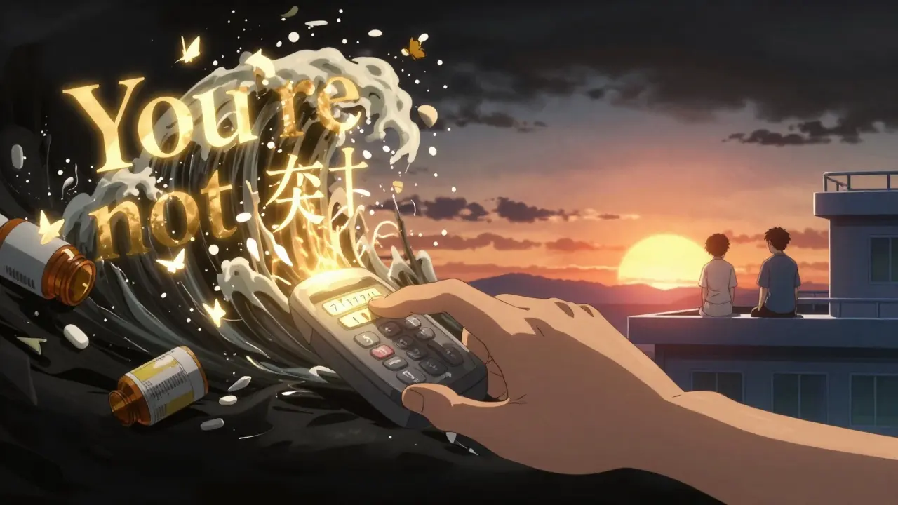 A hand texts '741741' as golden words rise, turning pills into butterflies, with a therapist and patient in sunrise light.