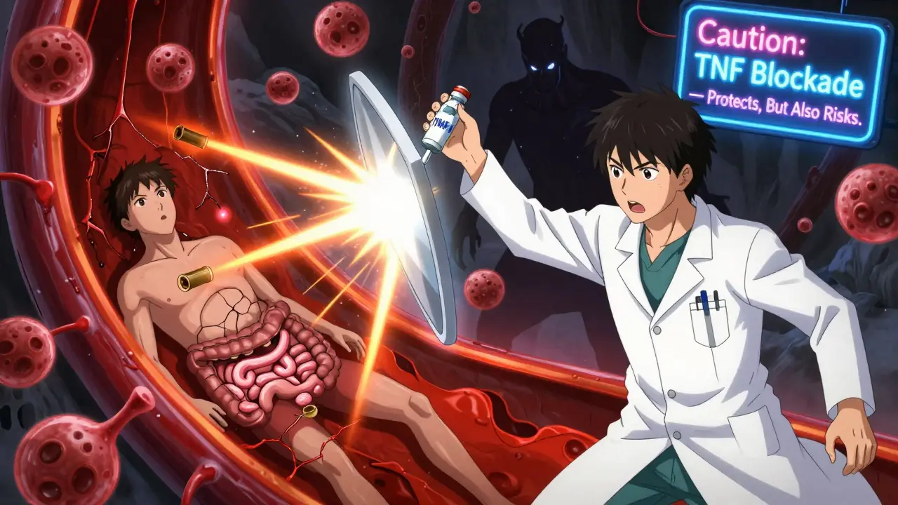 A hero blocks TNFα cannons inside a blood vessel while a TB demon watches, symbolizing treatment risks.