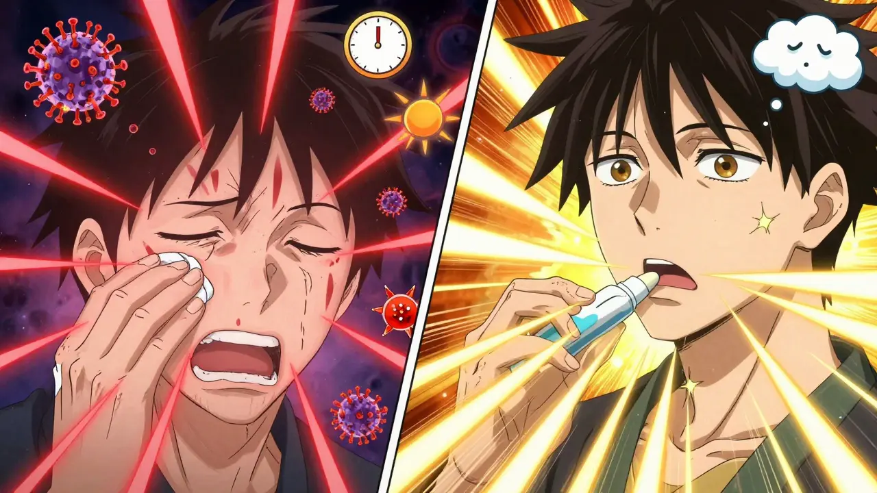 A person incorrectly treats a cold sore with acne cream, causing virus particles to spread, while correct treatment creates a healing shield.