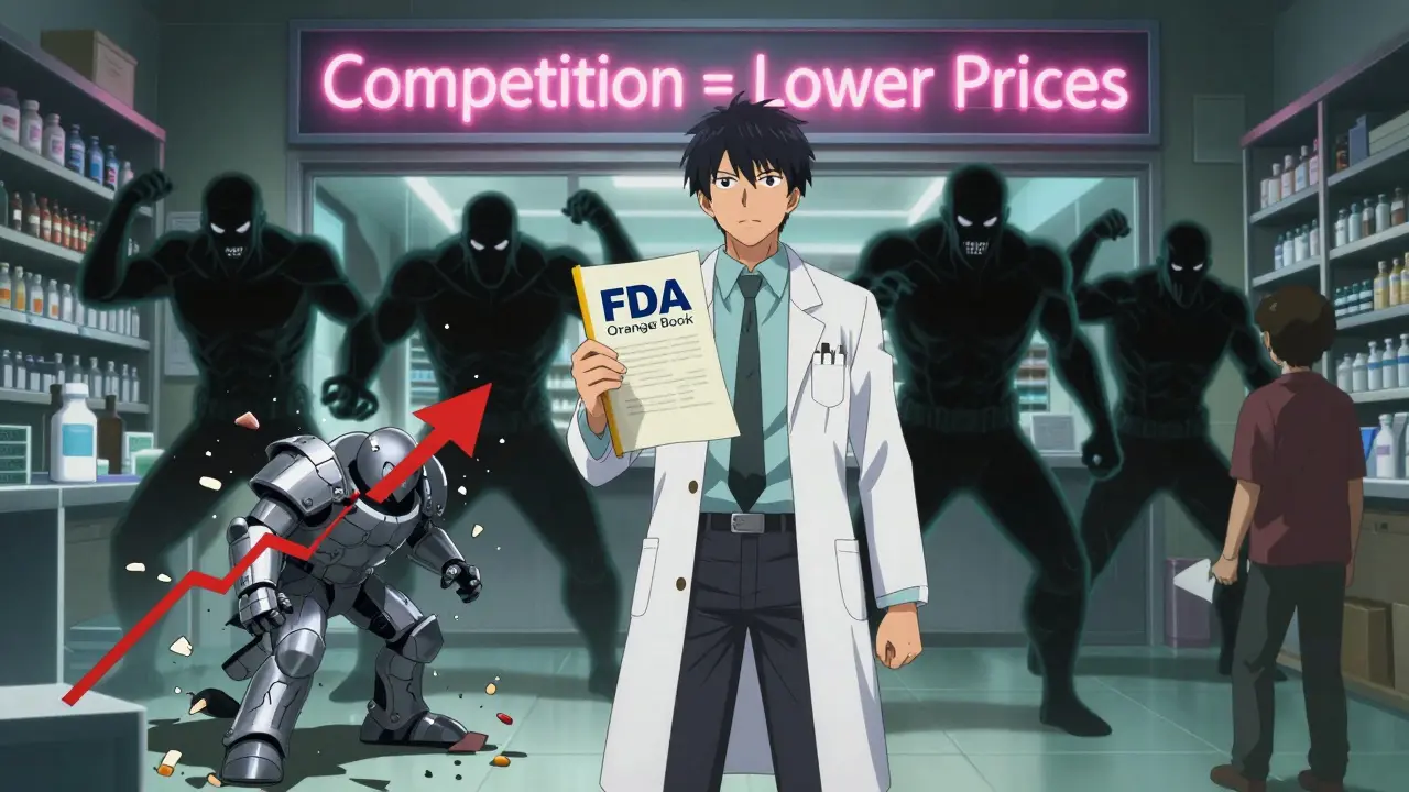 A pharmacist holds up the FDA Orange Book as five generic drug companies surge forward against a crumbling monopoly.