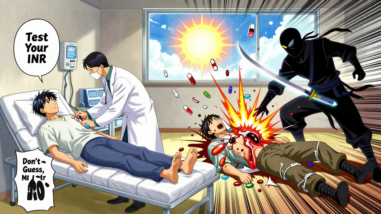 A split scene: one patient monitored safely, another collapsing from bleeding, CBD as a shadowy ninja blocking enzymes amid floating drug icons.