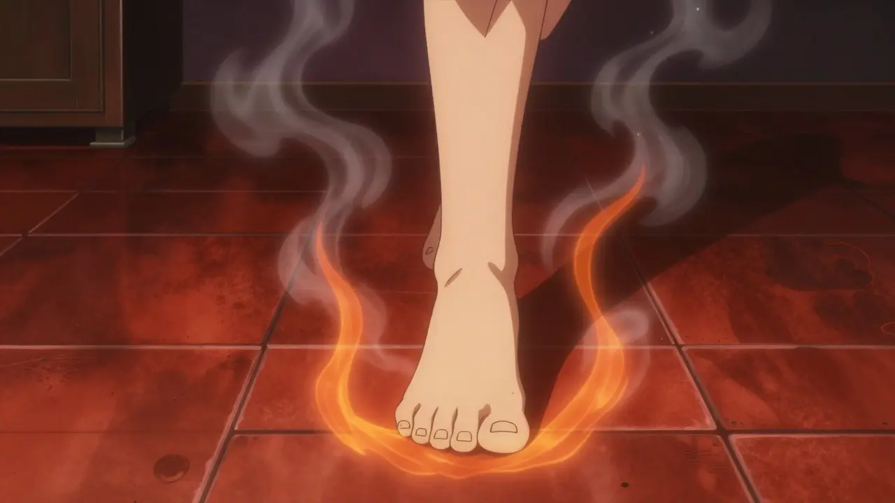 Barefoot stepping on hot indoor floor causing injury risk.