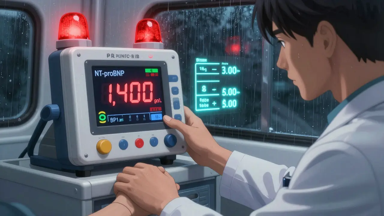 Cardiologist reads an NT-proBNP result in an ambulance, with glowing thresholds floating in the air.