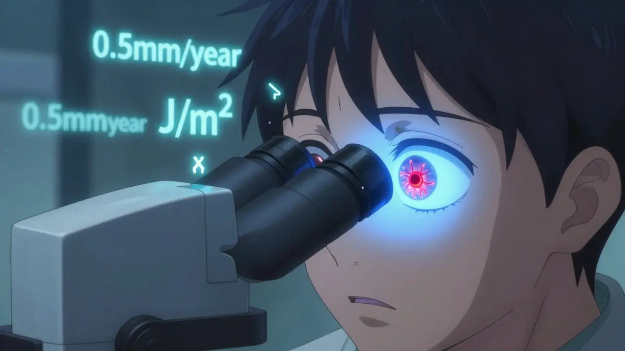 Close-up of a pterygium under a glowing slit-lamp, with UV damage symbols floating around.