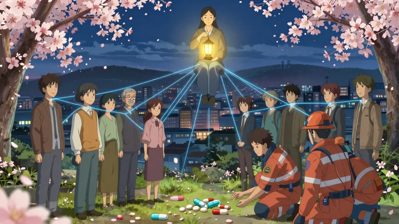 Diverse individuals connected by glowing threads to a calm counselor in the sky, pills turning into cherry blossoms below.