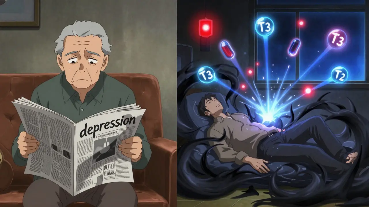 Elderly man collapsing into coma from untreated hypothyroidism, with hormone energy breaking through darkness.