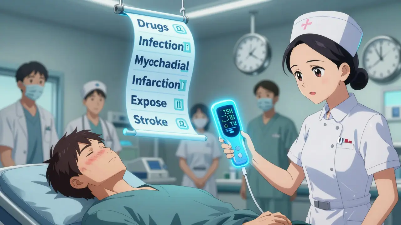 ER nurse using handheld thyroid tester as medical team responds to myxedema crisis with glowing DIMES mnemonic.