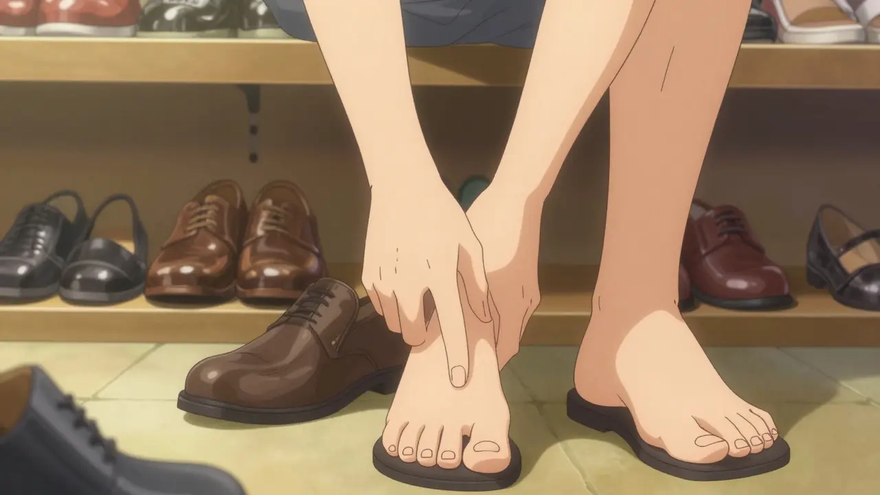 Measuring shoe toe space with thumb for proper fit.