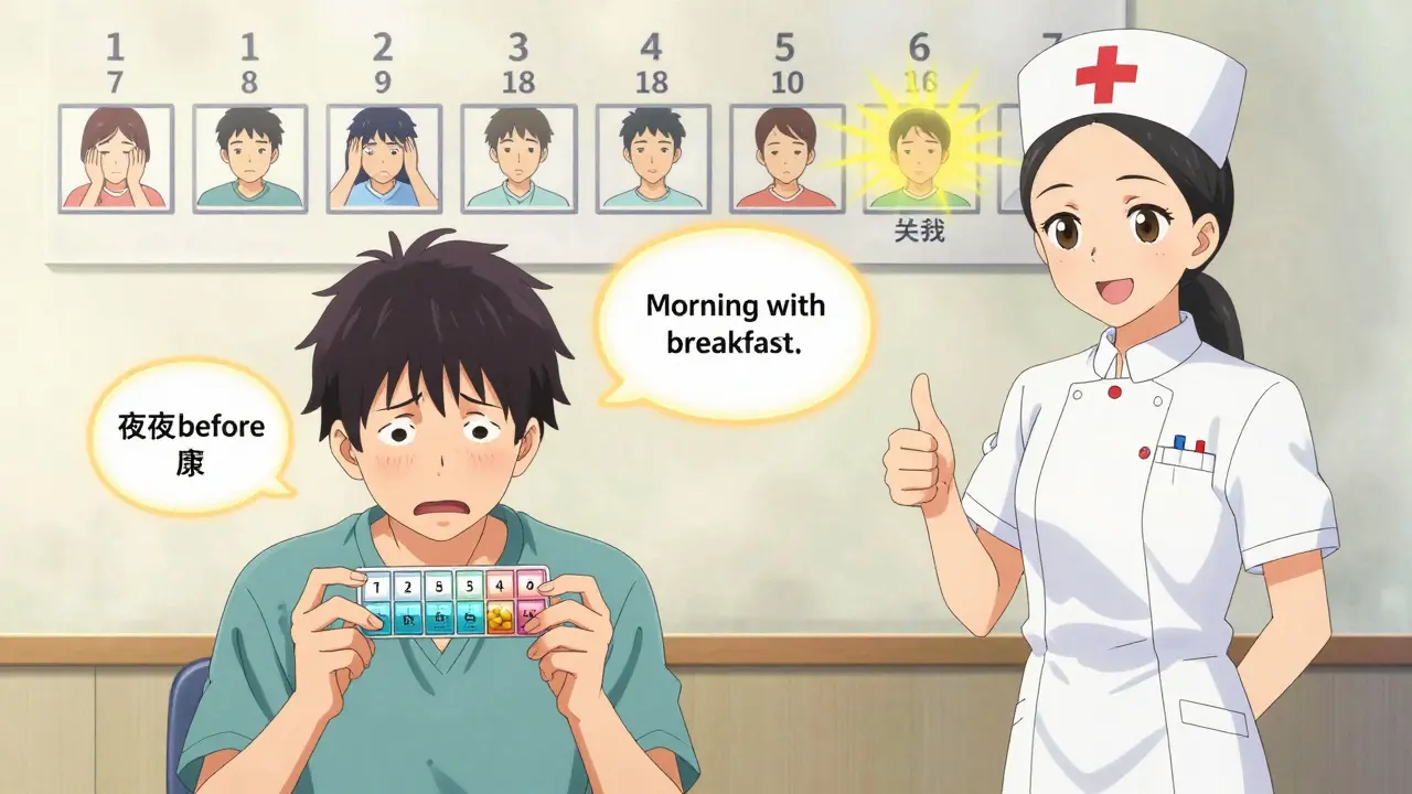 Nurse and patient review weekly pill organizer with glowing timeline showing symptom progress