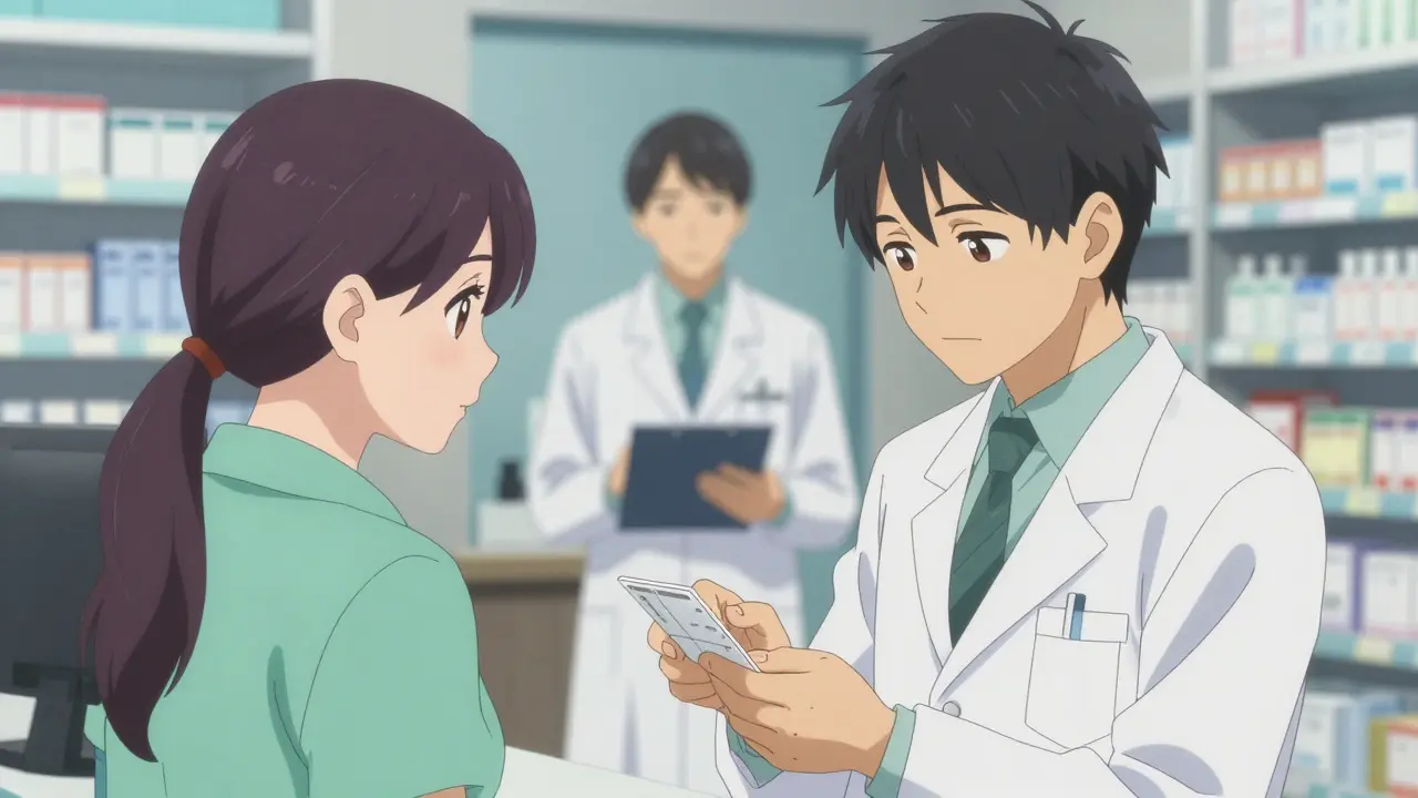 Patient and pharmacist checking prescription label with translator present