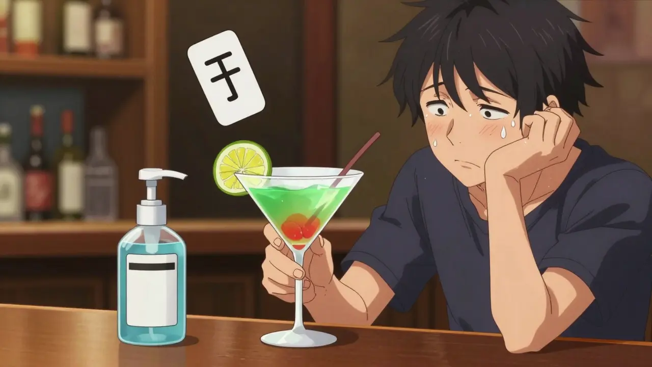 Person at bar with cocktail and hand sanitizer bottle, confused by prescription label