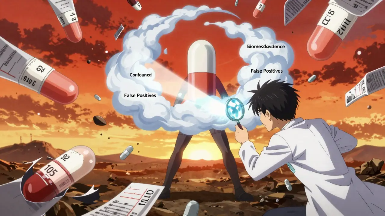 Pill batches in battle, a generic pill standing against statistical chaos with a scientist wielding a magnifying glass.