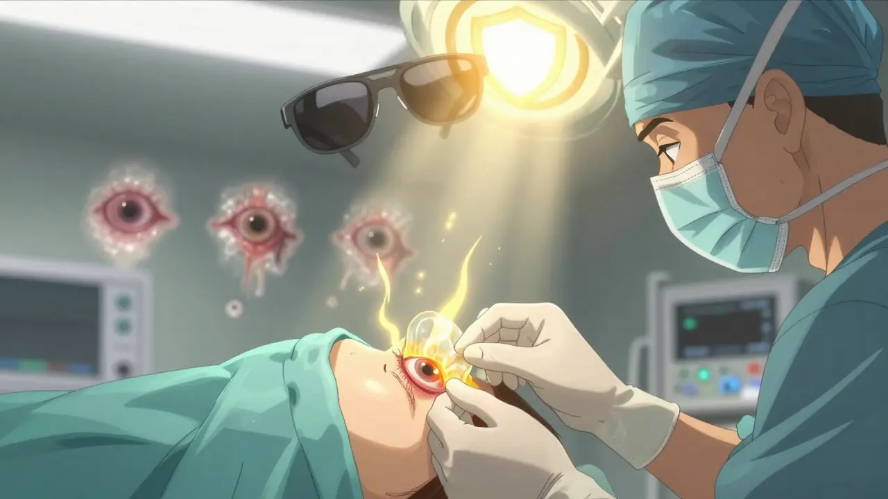 Surgeon placing a healing membrane on an eye, with fading pterygia dissolving and UV-protective sunglasses above.