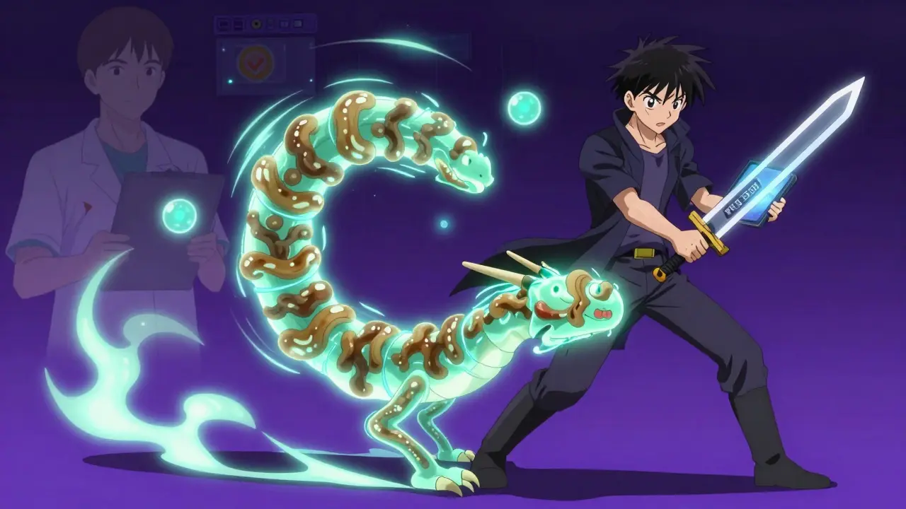 A dragon-like colon being revived by a glowing tablet and biofeedback orbs in a dramatic anime scene.