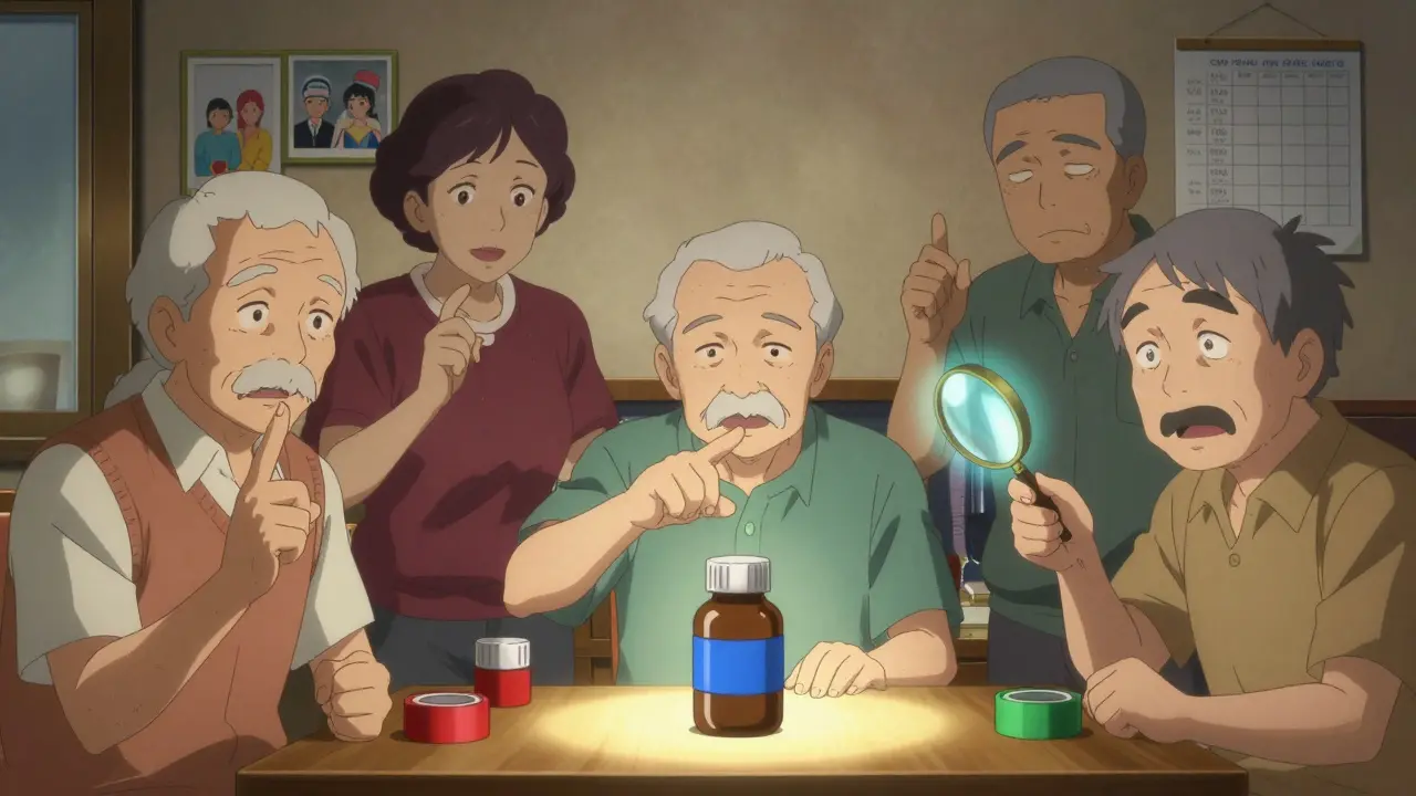 A group of people using color-coded pill bottles and the Three-Touch Method in a warm, homey living room.